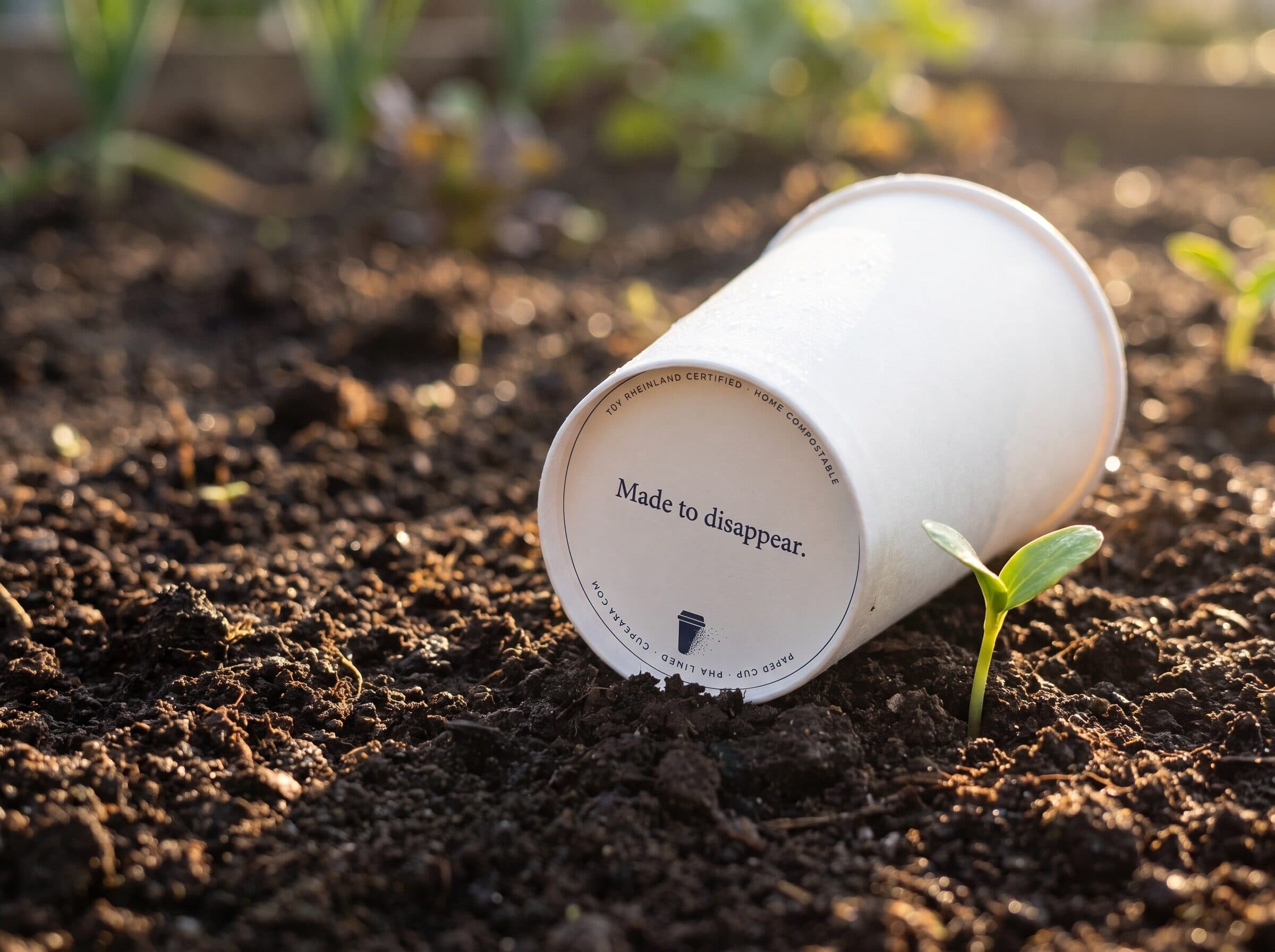 A cupcasa cup lying on its side in dark soil, its printed base to the camera reading Made to disappear, a seedling pushing up beside it
